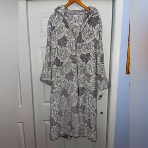 Miss Elaine velour gray & white  lounge zipper housecoat robe w pockets XL NWT